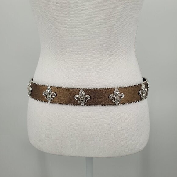 Leather Bronze Fleur De Lis Western Rhinestone Belt - Picture 5 of 15